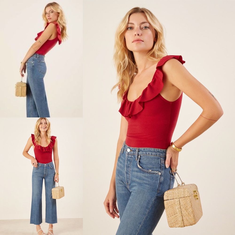 Reformation Roxanna Ruffle Neck Top Cherry Red